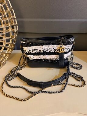 Chanel Gabrielle Hobo Sequin Stripe Black & White Crossbody | Authentic with COA